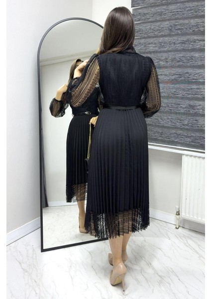 Kadın Denim Kumaş Dantel Detay Pileseli Elbise indirimleri