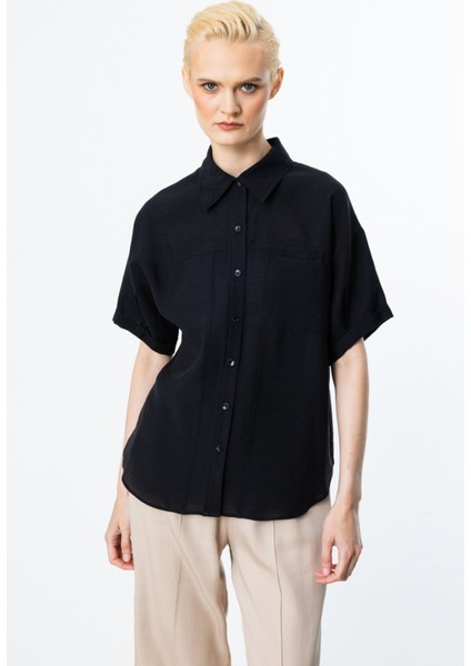 Kadın Kısa Kol Düğmeli Bluz 3024 Siyah