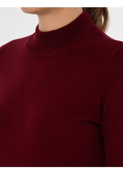 Kadın Vişne Slim Fit Yarım Balıkçı Yaka Basic Kazak 50315768-VR223