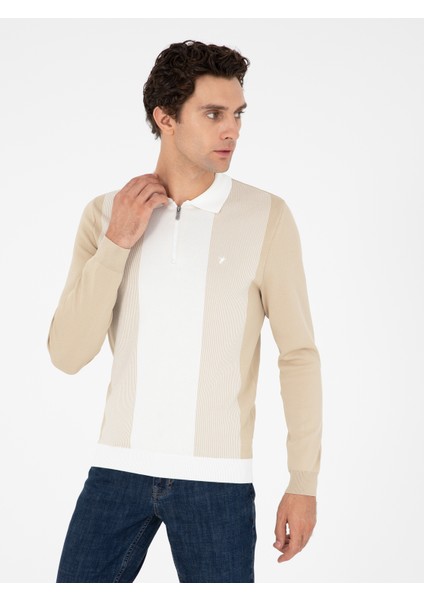 Erkek Bej Slim Fit Fermuarlı Polo Yaka Triko Kazak 50293767-VR011