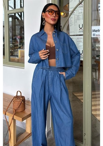 Denim Gömlek Plazzo Pantolon Takım 10163-08 modelleri