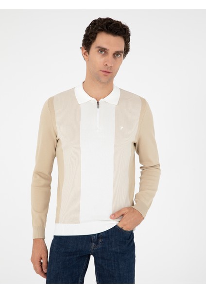 Erkek Bej Slim Fit Fermuarlı Polo Yaka Triko Kazak 50293767-VR011 modelleri