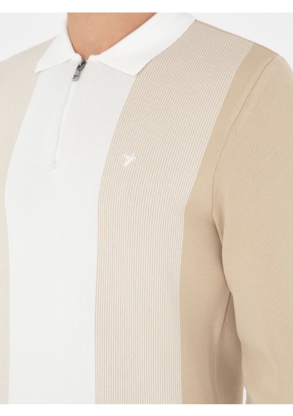 Erkek Bej Slim Fit Fermuarlı Polo Yaka Triko Kazak 50293767-VR011
