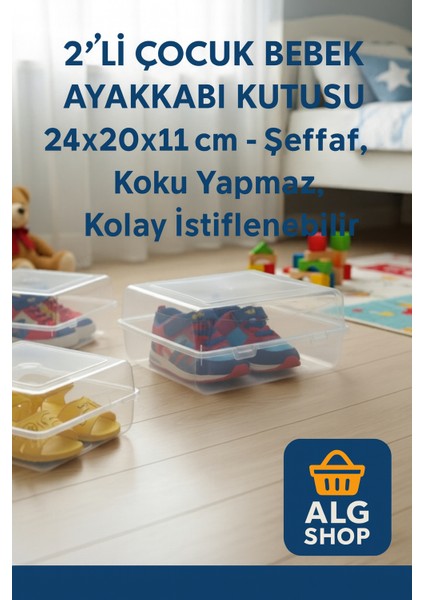 2 Li Çocuk Bebek Ayakkabı Saklama Kutusu 24X20X11 cm Istiflenebilir Şeffaf Dayanıklı Koku Yapmaz