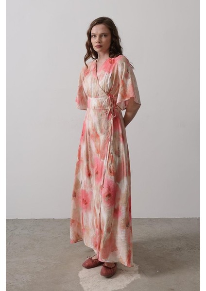Yandan Bağlamalı Desenli Elbise - Pembe fırsatları