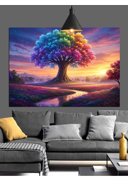 Renkli Gökyüzünde Büyük Ağaç Dekoratif Kanvas - Mdf Ahşap Tablo