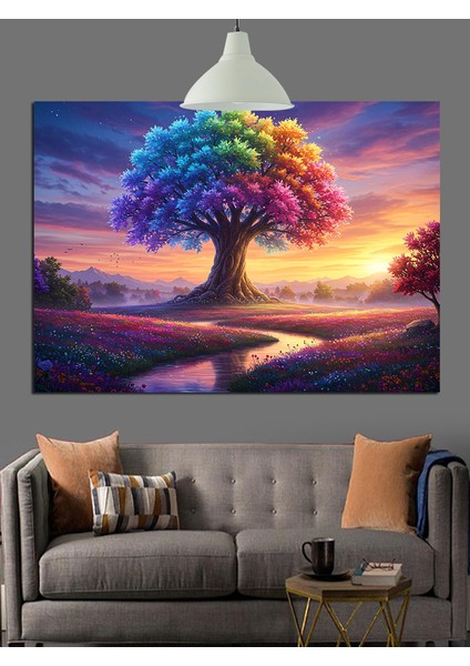 Renkli Gökyüzünde Büyük Ağaç Dekoratif Kanvas - Mdf Ahşap Tablo fiyatları