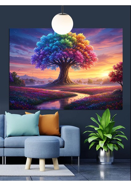 Renkli Gökyüzünde Büyük Ağaç Dekoratif Kanvas - Mdf Ahşap Tablo fırsatları
