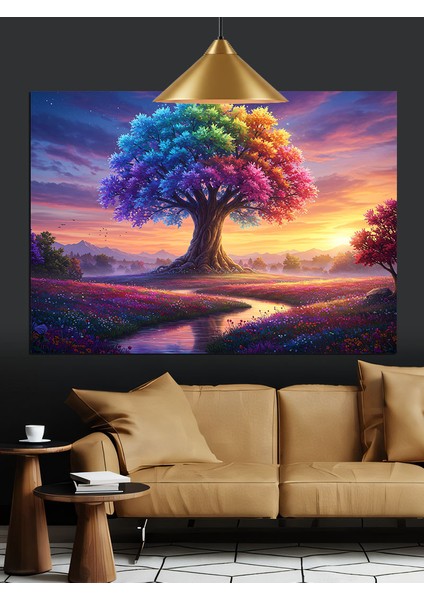 Renkli Gökyüzünde Büyük Ağaç Dekoratif Kanvas - Mdf Ahşap Tablo indirimleri