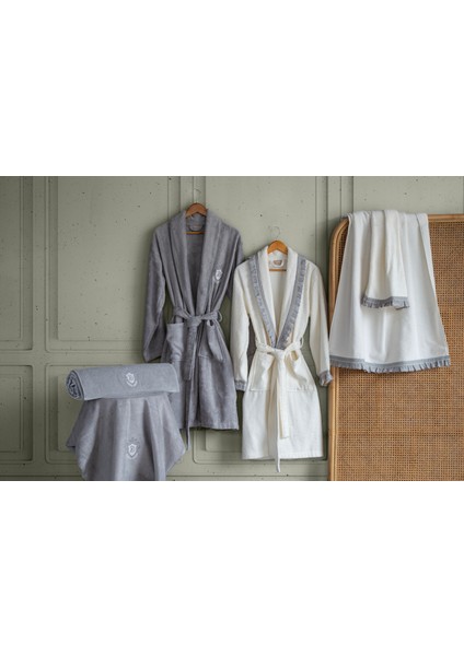 Layla 6'lı Güpürlü Pamuk Bornoz - Seti Krem/mavi