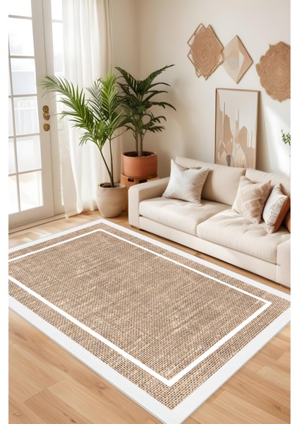 Dijital Baskı Jüt Görünüm Beyaz Çerçeveli Modern Makinada Yıkanabilir Salon Mutfak Yolluk Halısı