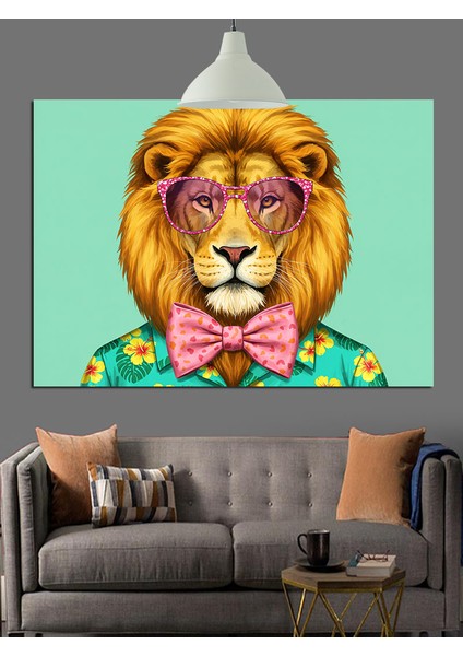 Gözlüklü Renkli Aslan Portresi Dekoratif Kanvas - Mdf Ahşap Tablo