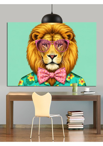Gözlüklü Renkli Aslan Portresi Dekoratif Kanvas - Mdf Ahşap Tablo fiyatları
