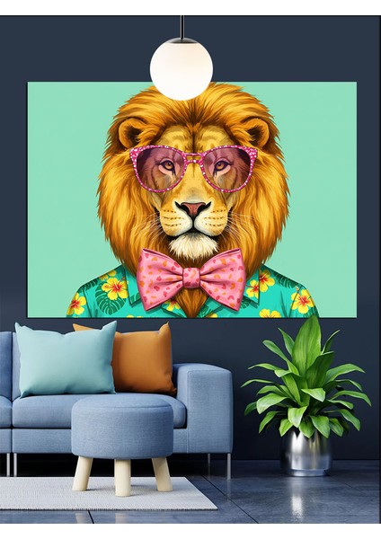 Gözlüklü Renkli Aslan Portresi Dekoratif Kanvas - Mdf Ahşap Tablo modelleri