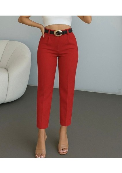 Kadın Yüksek Bel Gipe Detay Dar Paça Kısa Pantolon