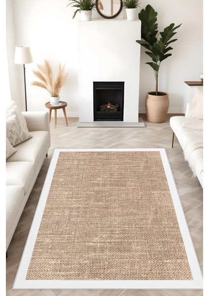 Dijital Baskı Jüt Görünümlü Beyaz Çerçeveli Modern Makinada Yıkanabilir Salon Mutfak Yolluk Halısı