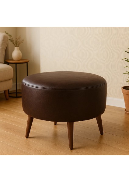 Büyük Yuvarlak Puf - Deri Kumaş - Ahşap Ayak - Acı Kahve