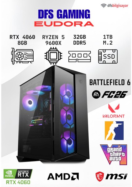 Dfs Gamıng Eudora Ryzen 5 9600X-B650M-RTX 4060-32GB Ddr5 Ram-1tb M.2 Ssd-Oyuncu Bilgisayarı