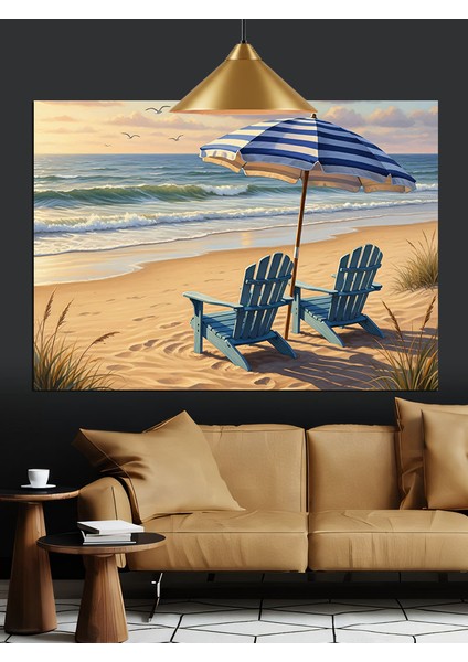 Kumsalda Iki Mavi Şezlong Dekoratif Kanvas - Mdf Ahşap Tablo