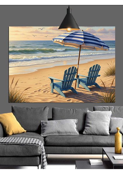 Kumsalda Iki Mavi Şezlong Dekoratif Kanvas - Mdf Ahşap Tablo fiyatları