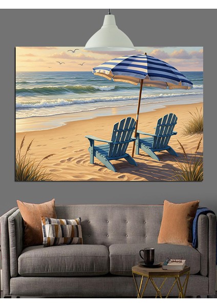 Kumsalda Iki Mavi Şezlong Dekoratif Kanvas - Mdf Ahşap Tablo modelleri