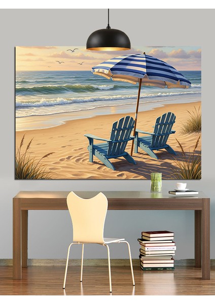 Kumsalda Iki Mavi Şezlong Dekoratif Kanvas - Mdf Ahşap Tablo fırsatları