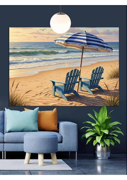 Kumsalda Iki Mavi Şezlong Dekoratif Kanvas - Mdf Ahşap Tablo indirimleri