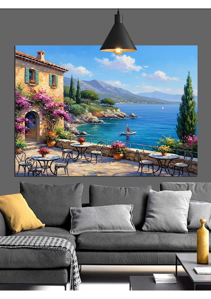 Deniz Manzaralı Taş Ev Dekoratif Kanvas - Mdf Ahşap Tablo