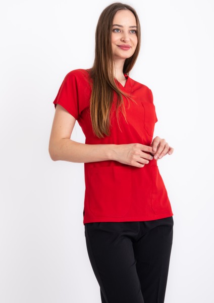 Premium Lycra Kırmızı Tek Üst Hemşire Forması Cerrahi Forma, Scrubs Üniforma(Unısex)