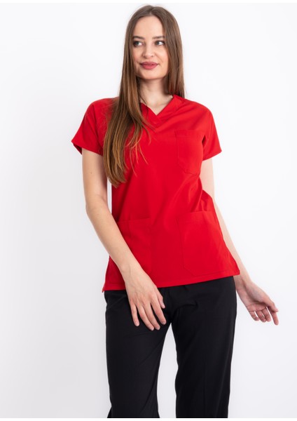Premium Lycra Kırmızı Tek Üst Hemşire Forması Cerrahi Forma, Scrubs Üniforma(Unısex) modelleri