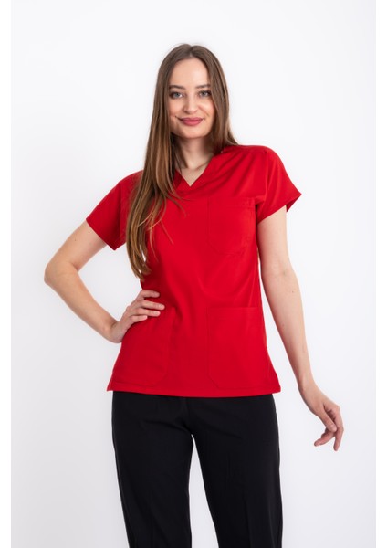 Premium Lycra Kırmızı Tek Üst Hemşire Forması Cerrahi Forma, Scrubs Üniforma(Unısex) indirimleri