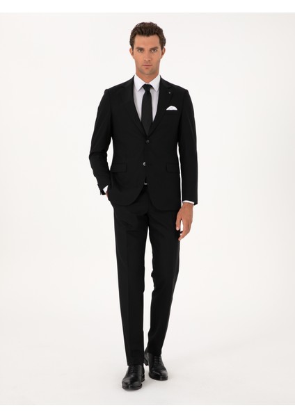 Erkek Siyah Slim Fit Mikro Desenli Mono Yaka Yün Karışımlı Takım Elbise 50311025-VR046