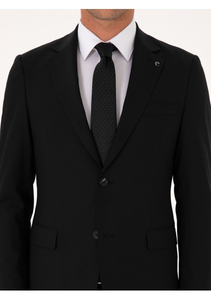 Erkek Siyah Slim Fit Mikro Desenli Mono Yaka Yün Karışımlı Takım Elbise 50311025-VR046