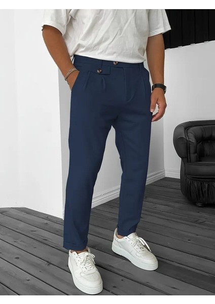 Erkek Belden Düğmeli Cepli Dokuma Pantolon