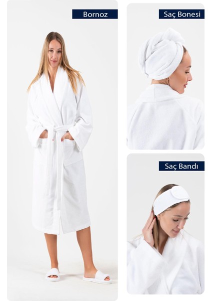 Cottonverse 3'lü Bornoz Seti - %100 Pamuk Bornoz , Saç Bonesi , Saç Bandı Unısex