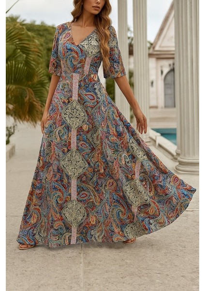 Kadın Kısa Kollu V Yakalı Desenli Süprem Elbise