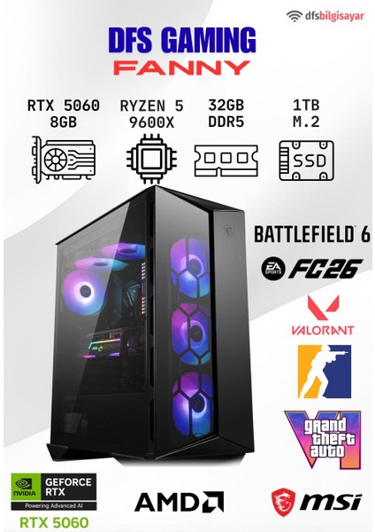 Dfs Gamıng Fanny Ryzen 5 9600X-B650M-RTX 5060-32GB Ddr5 Ram-1tb M.2 Ssd-Oyuncu Bilgisayarı