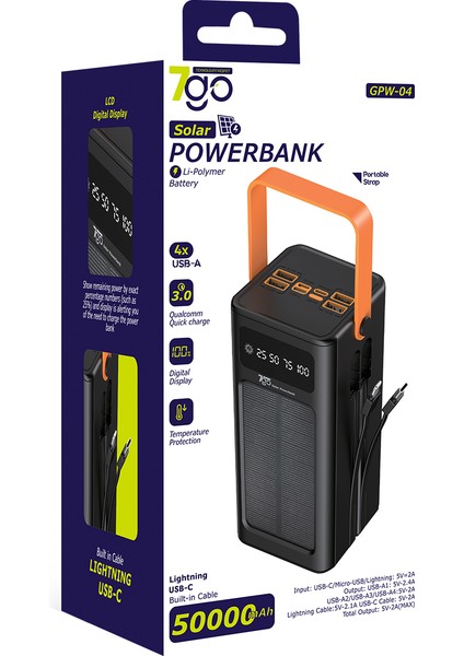 Gpw-04 50.000MAH Solar Powerbank – 4xusb-A, Qualcomm 3.0 Hızlı Şarj, Dahili Lightning & Usb-C Kablo, Dijital Yüzdelik Ekran fırsatları