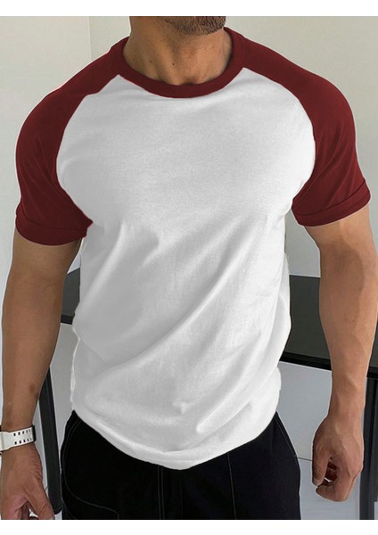 Beyaz Bisiklet Yaka Omuzları Bordo Garni T-Shirt