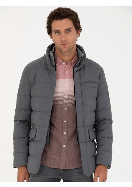 Erkek Gri Kapüşonlu Kaz Tüyü Mont 50273112-VR024