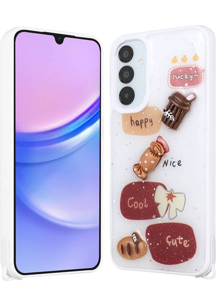 Galaxy A15 Kılıf Parlayan Sıvılı Simli Kabartma Figürlü Omsy Cevze Kapak-Beyaz