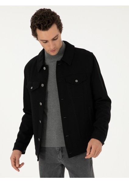 Erkek Siyah Regular Fit Yün Karışımlı Kaşe Mont 50292077-VR046