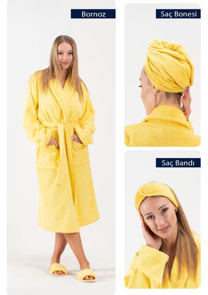 Cottonverse 3'lü Bornoz Seti - %100 Pamuk Bornoz , Saç Bonesi , Saç Bandı Unısex