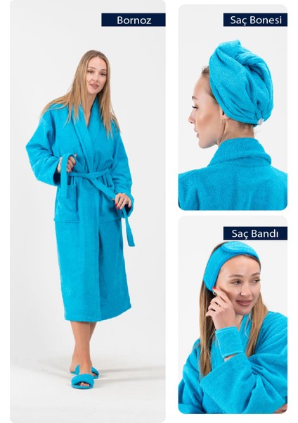 Cottonverse 3'lü Bornoz Seti - %100 Pamuk Bornoz , Saç Bonesi , Saç Bandı Unısex