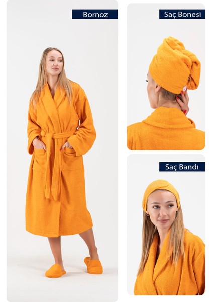 Cottonverse 3'lü Bornoz Seti - %100 Pamuk Bornoz , Saç Bonesi , Saç Bandı Unısex