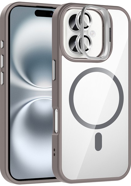 iPhone 16 Plus Kılıf Standlı ve Kamera Lens Hediyeli M-Safe Şarj Özellikli Omsy Etro Kapak - Gri fiyatları