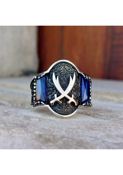 925 Ayar Gümüş Mavi Taşlı Hz. Ali Kılıcı Erkek Yüzük