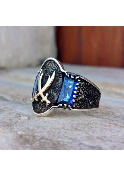 925 Ayar Gümüş Mavi Taşlı Hz. Ali Kılıcı Erkek Yüzük modelleri