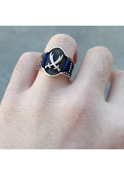 925 Ayar Gümüş Mavi Taşlı Hz. Ali Kılıcı Erkek Yüzük indirimleri