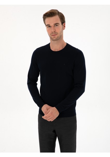 Erkek Lacivert Slim Fit Yün Karışımlı Bisiklet Yaka Basic Triko Kazak 50315266-VR033